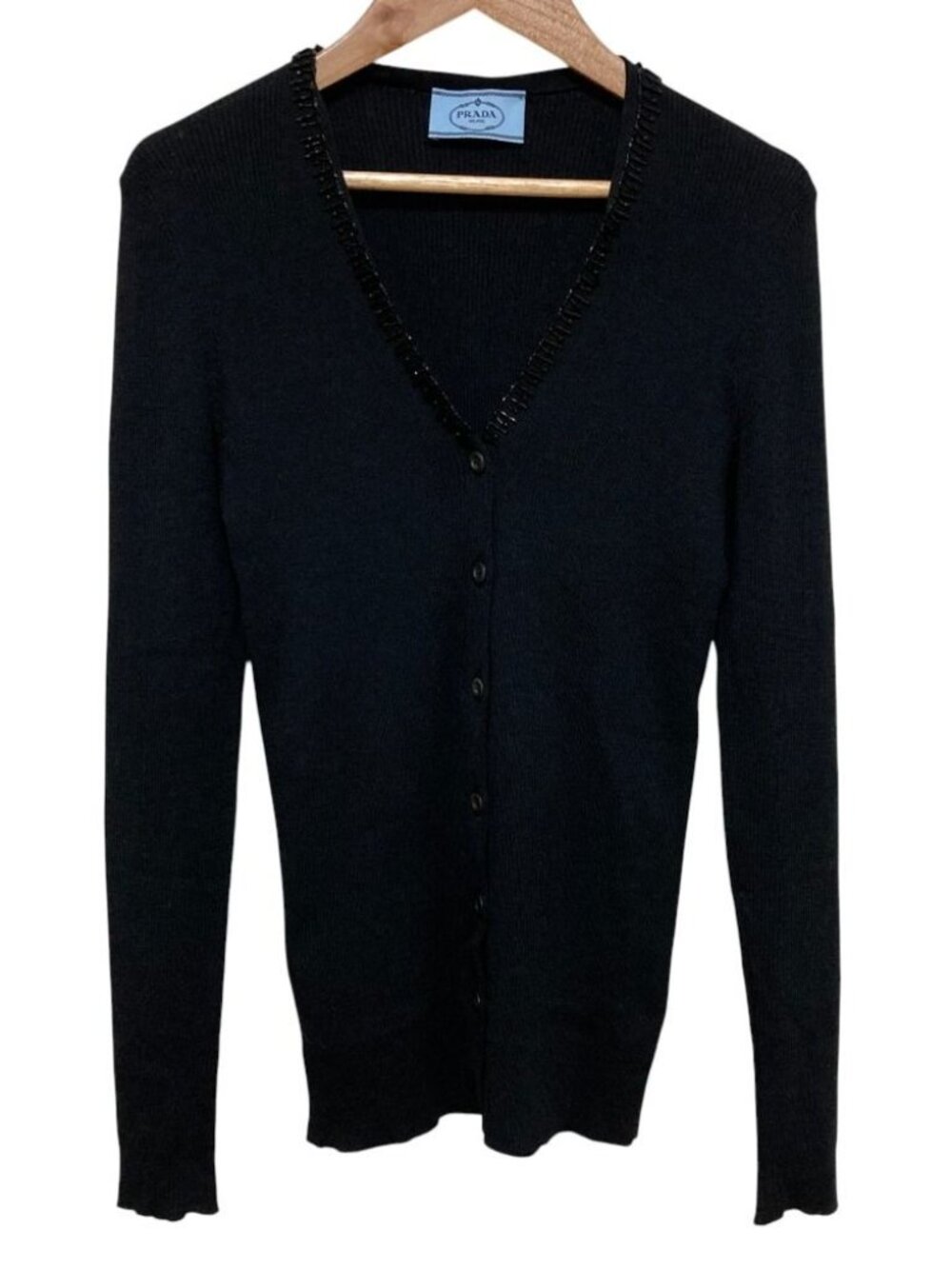 Prada Beads Wool Rib Knit Cardigan 42 Black
